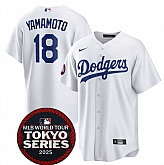 Men's Los Angeles Dodgers #18 Yoshinobu Yamamoto White 2025 World Tour Tokyo Series Home Stitched Jersey Dzhi,baseball caps,new era cap wholesale,wholesale hats